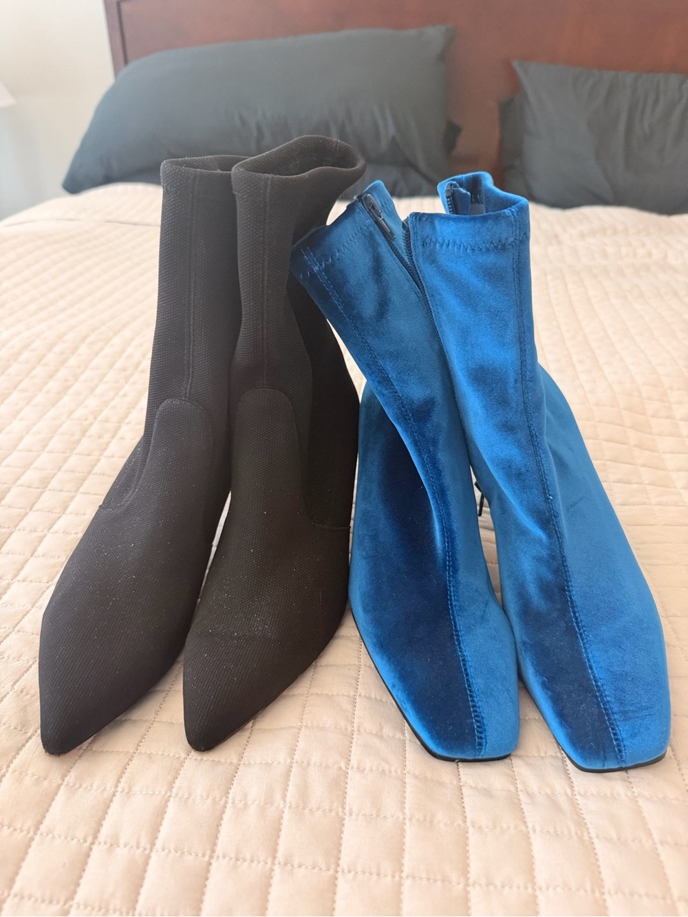 Stuart Weitzman Black Stretch & Blue Velvet Sock Ankle Boots